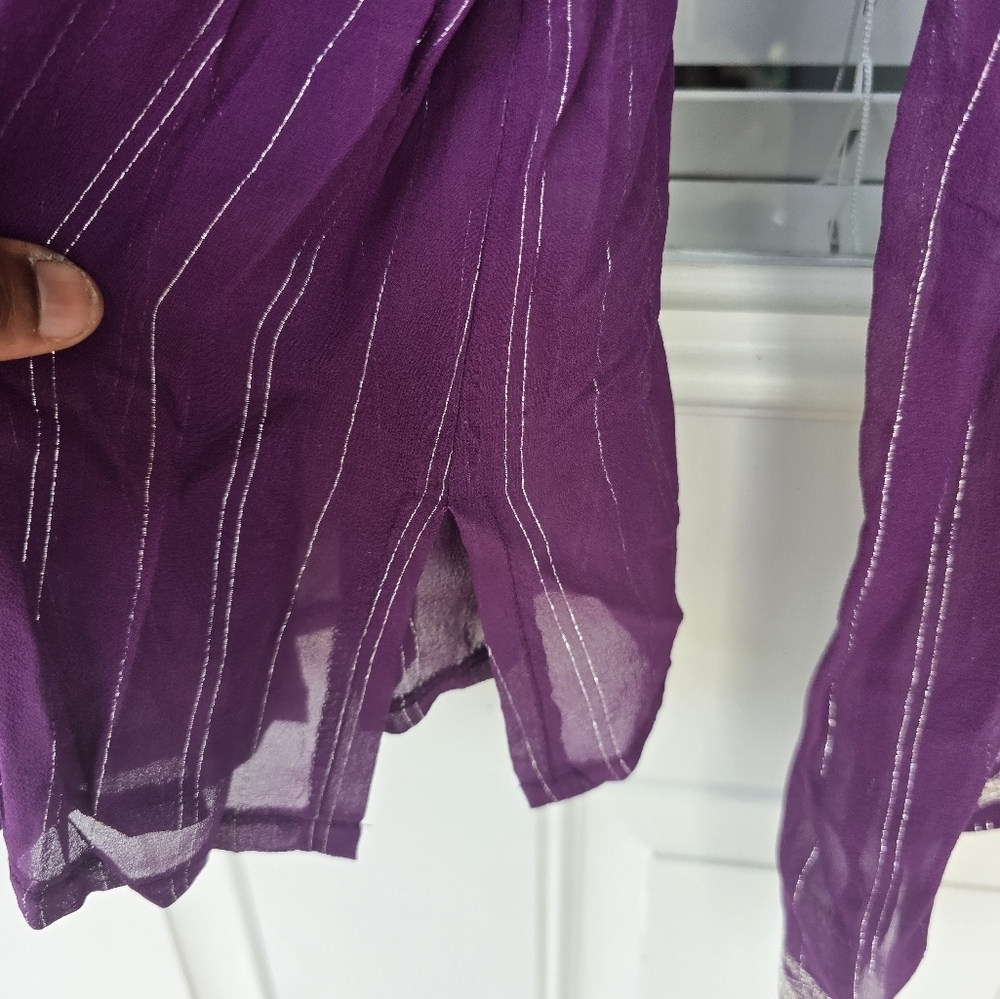 WD.NY 100% Silk Blouse Size 14 Purple Whilte Embroidered Flare Long Sleeves Y2k - Picture 11 of 14